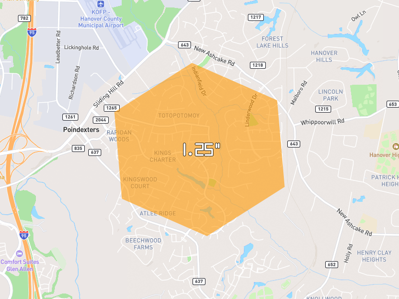Hail map of Mechanicsville, VA on Jul 4, 2026, hail up to 1.25"