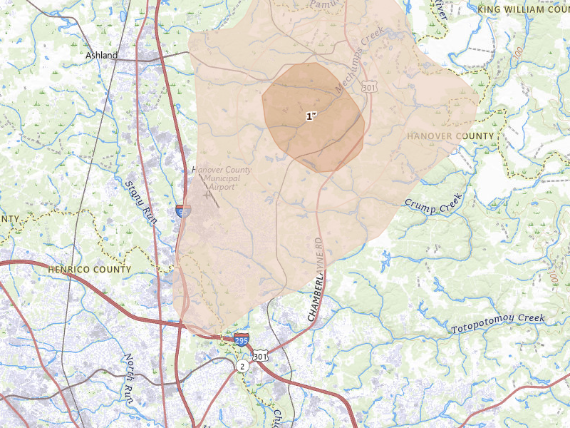 Radar-estimated hail-size map of the storm over Mechanicsville, VA on Jul 5, 2026