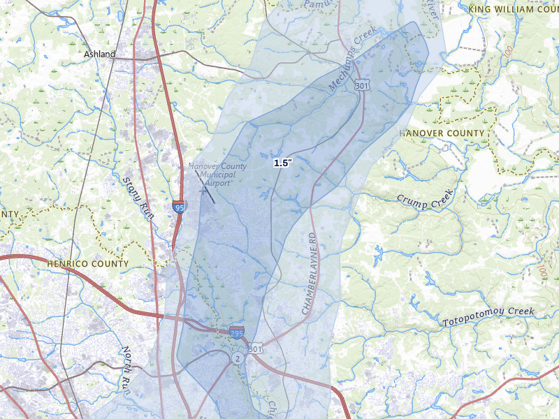 NEXRAD radar-signature map of the hail storm over Mechanicsville, VA on Jul 5, 2026