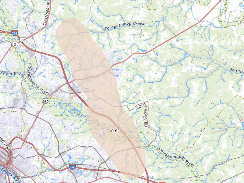 Radar-estimated hail-size map of the storm over Mechanicsville, VA on Aug 14, 2026