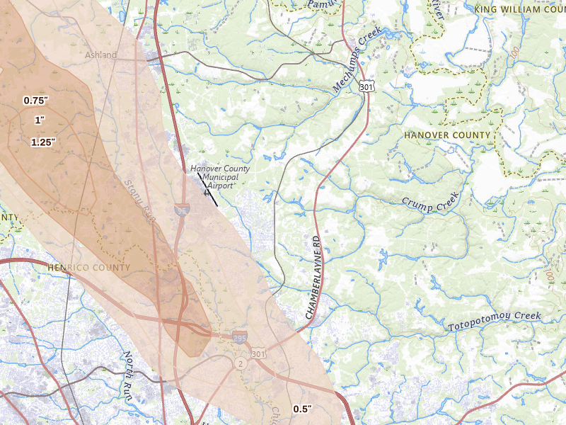 Radar-estimated hail-size map of the storm over Mechanicsville, VA on Sep 4, 2026