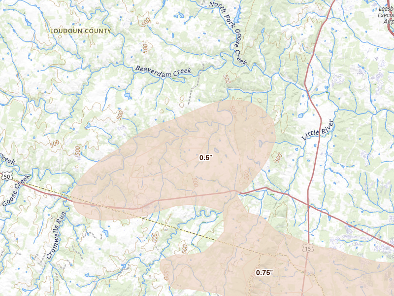 Radar-estimated hail-size map of the storm over Middleburg, VA on Jul 18, 2026