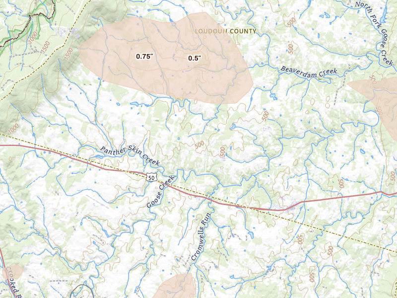 Radar-estimated hail-size map of the storm over Middleburg, VA on Aug 10, 2026