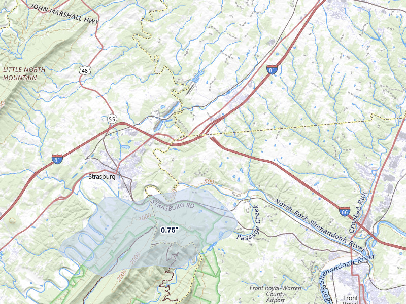 NEXRAD radar-signature map of the hail storm over Middletown, VA on Apr 1, 2026