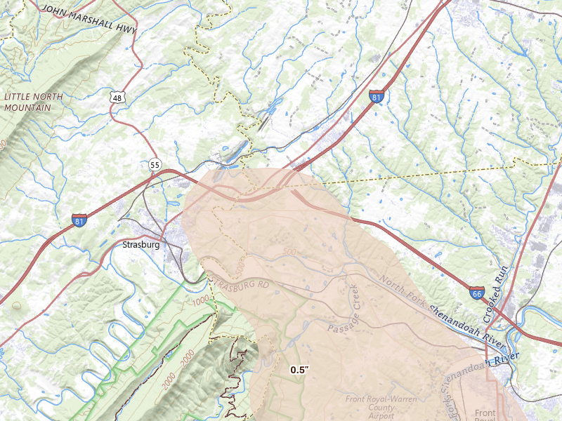 Radar-estimated hail-size map of the storm over Middletown, VA on Jul 28, 2026