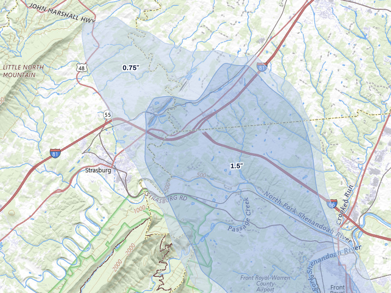 NEXRAD radar-signature map of the hail storm over Middletown, VA on Jul 28, 2026