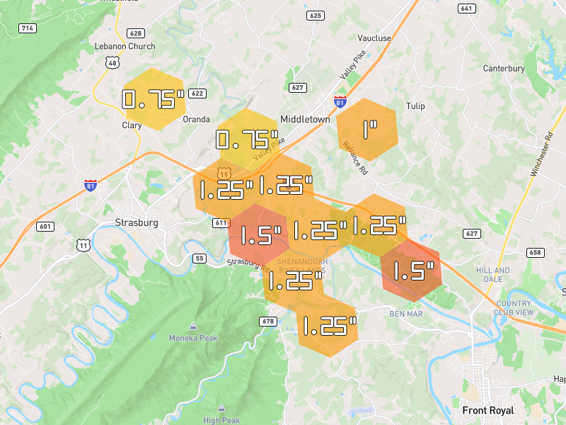 Hail map of Middletown, VA on Jul 28, 2026, hail up to 1.5"