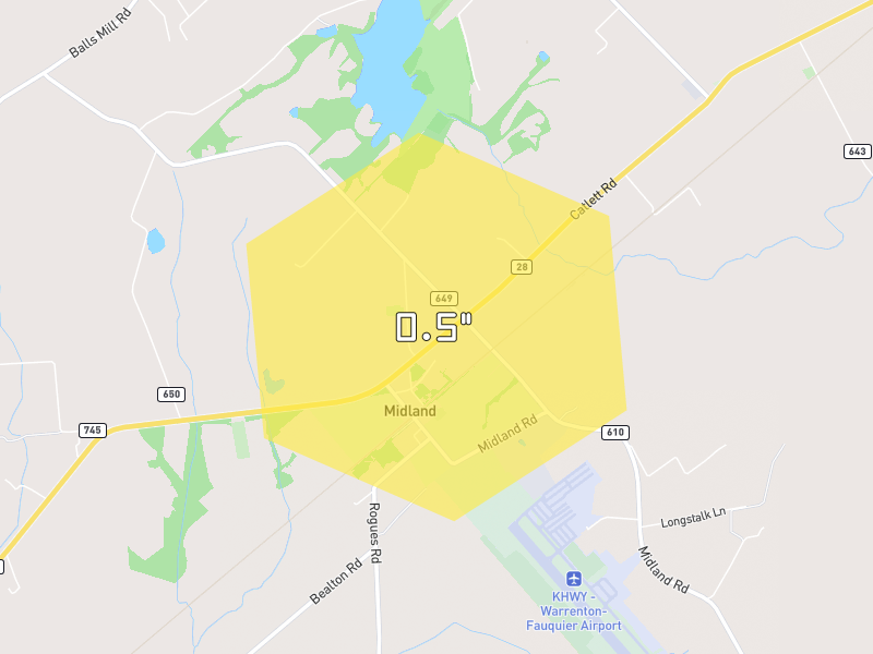 Hail map of Midland, VA on Jul 5, 2026, hail up to 0.5"