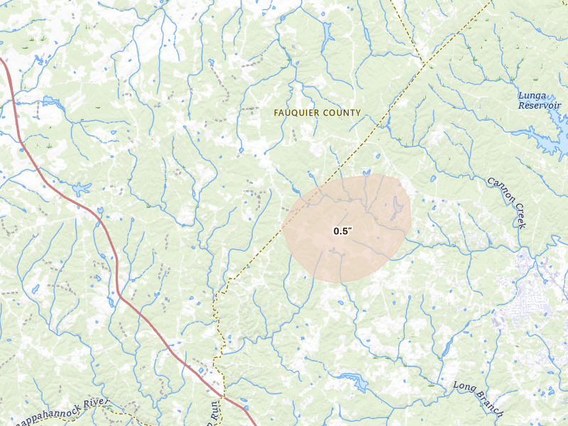 Radar-estimated hail-size map of the storm over Midland, VA on Jul 9, 2026