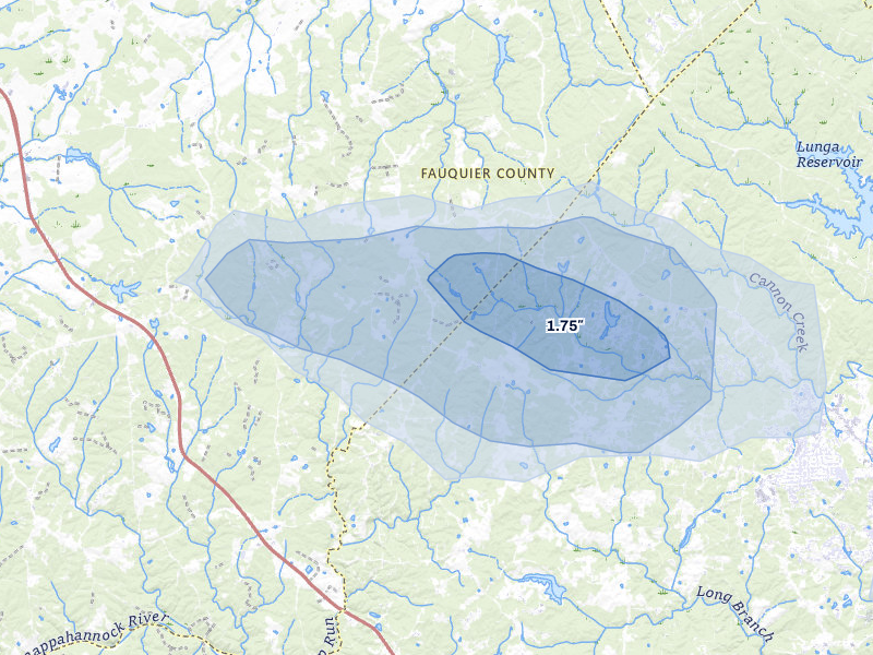 NEXRAD radar-signature map of the hail storm over Midland, VA on Jul 9, 2026