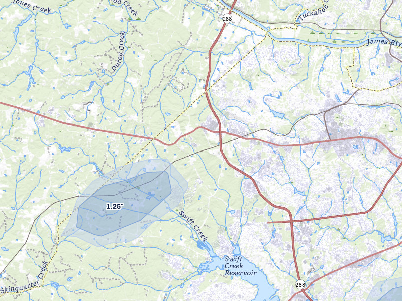 NEXRAD radar-signature map of the hail storm over Midlothian, VA on Jul 6, 2026