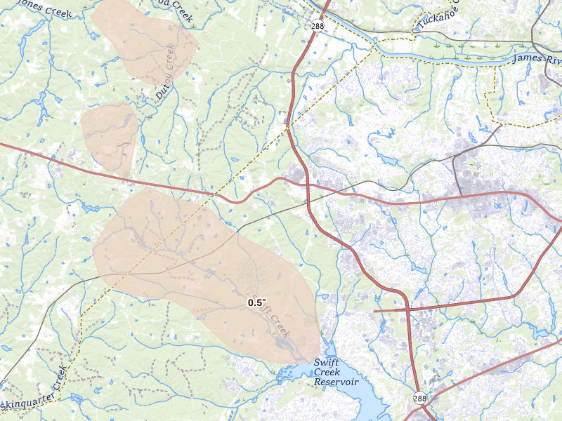 Radar-estimated hail-size map of the storm over Midlothian, VA on Aug 16, 2026