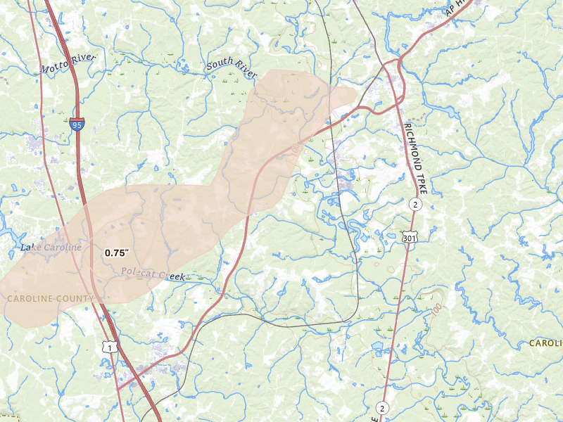 Radar-estimated hail-size map of the storm over Milford, VA on Jul 21, 2026
