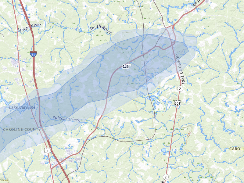 NEXRAD radar-signature map of the hail over Milford, VA