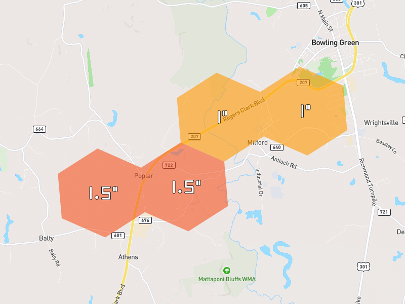 Hail map of Milford, VA on Jul 21, 2026, hail up to 1.5"