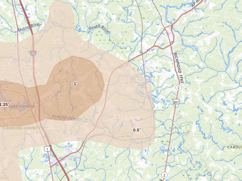 Radar-estimated hail-size map of the storm over Milford, VA on Jul 26, 2026