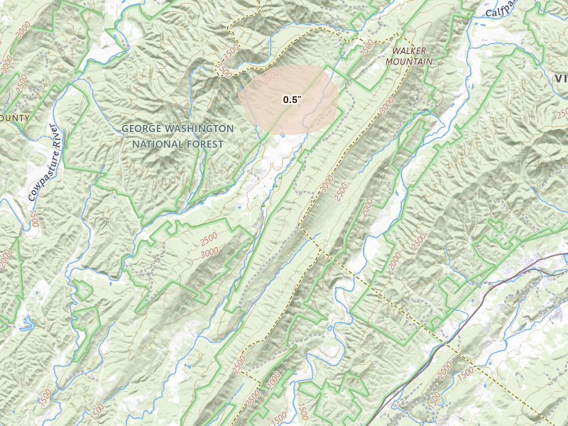 Radar-estimated hail-size map of the storm over Millboro, VA