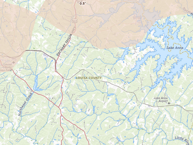 Radar-estimated hail-size map of the storm over Mineral, VA on Jul 4, 2026