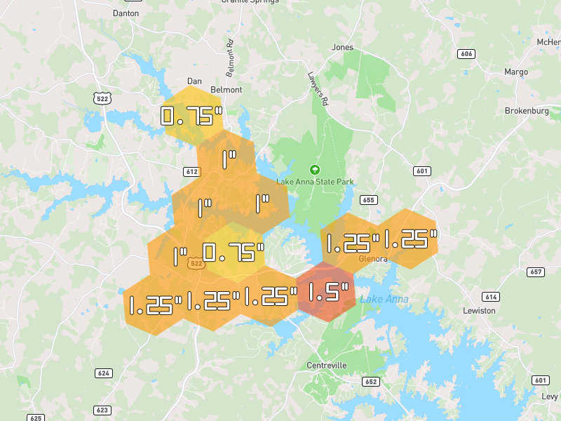 Hail map of Mineral, VA on Jul 4, 2026, hail up to 1.5"