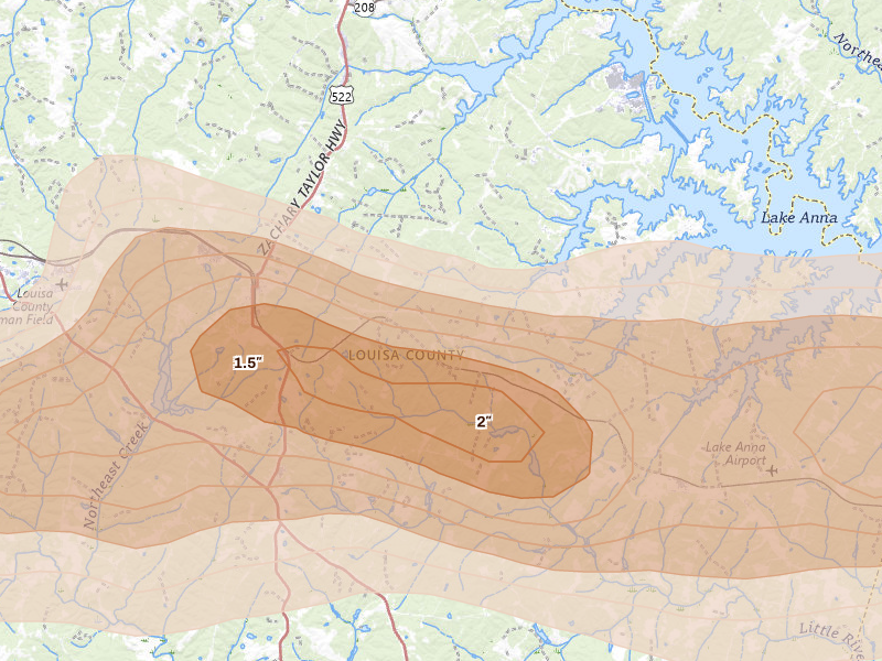 Radar-estimated hail-size map of the storm over Mineral, VA on Jul 26, 2026