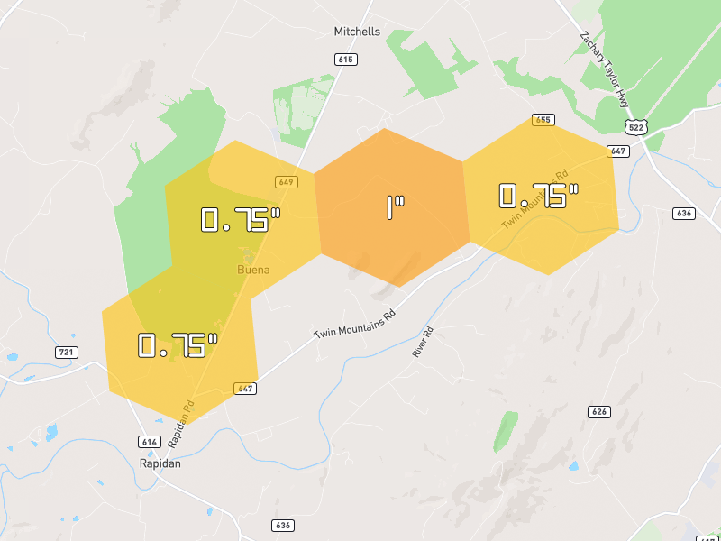 Hail map of Mitchells, VA on Jul 4, 2026, hail up to 1"