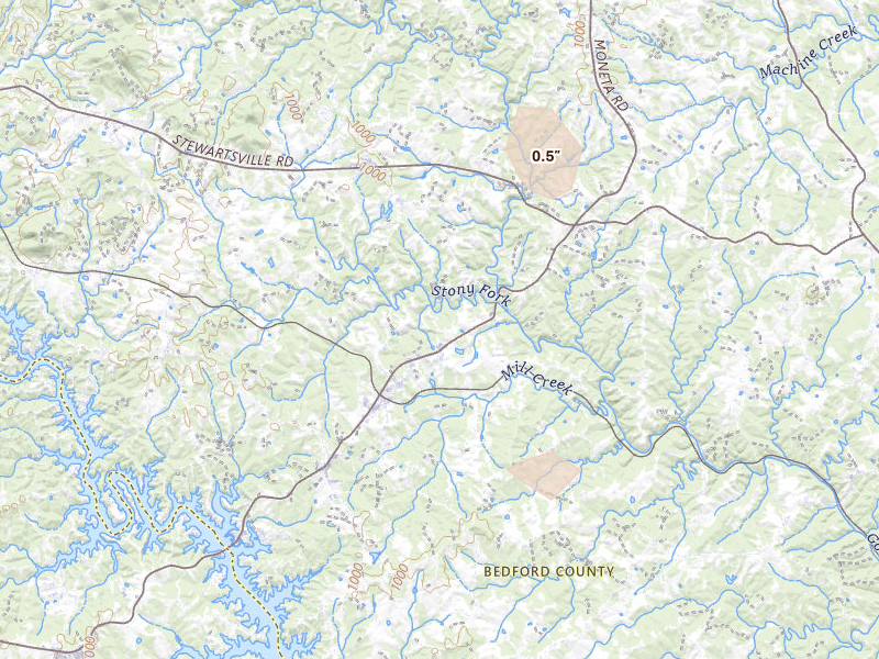 Radar-estimated hail-size map of the storm over Moneta, VA on Aug 14, 2026