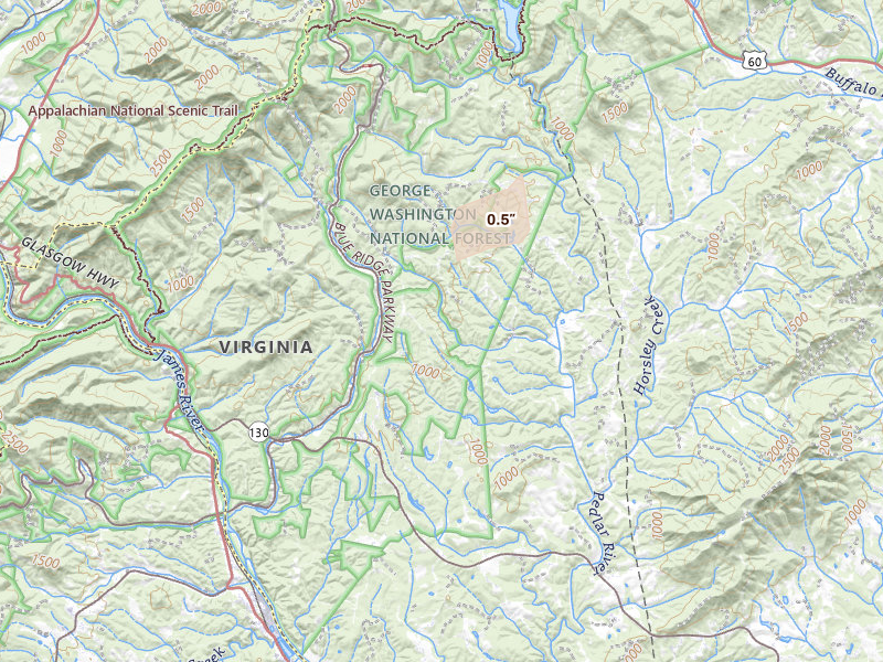 Radar-estimated hail-size map of the storm over Monroe, VA on Apr 1, 2026