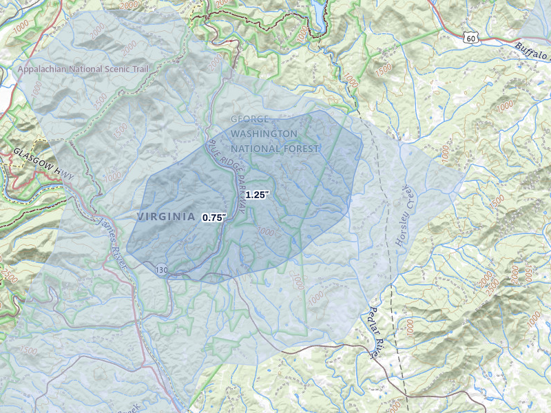 NEXRAD radar-signature map of the hail over Monroe, VA