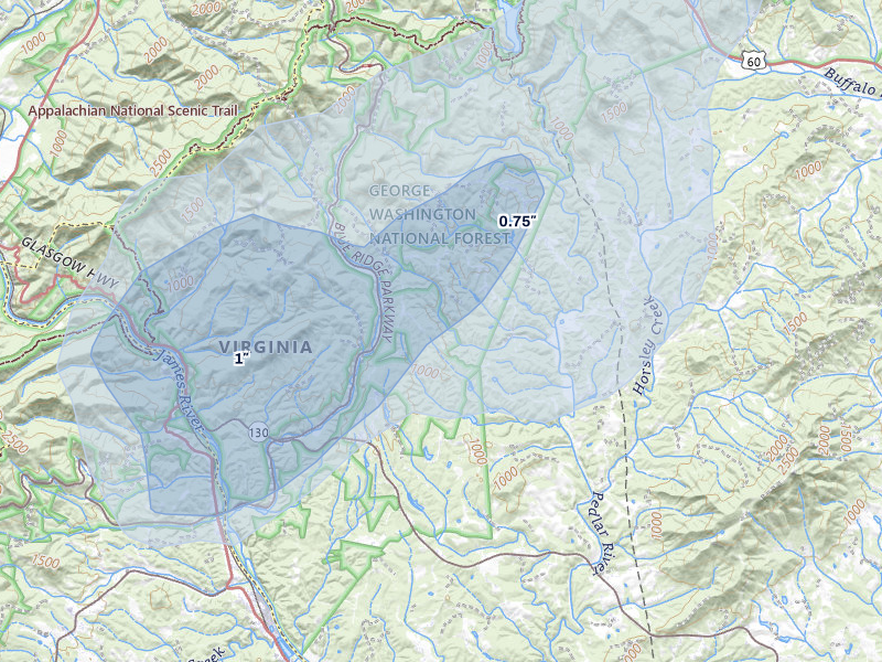NEXRAD radar-signature map of the hail over Monroe, VA