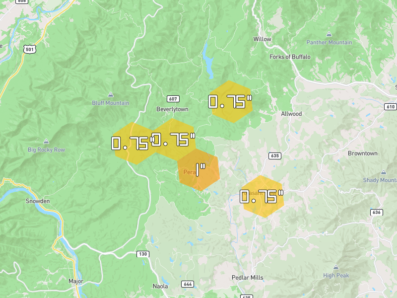 Hail map of Monroe, VA on Jul 4, 2026, hail up to 1"