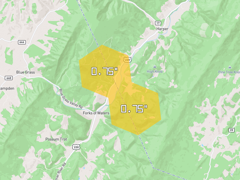Hail map of Monterey, VA on Jul 6, 2026, hail up to 0.75"