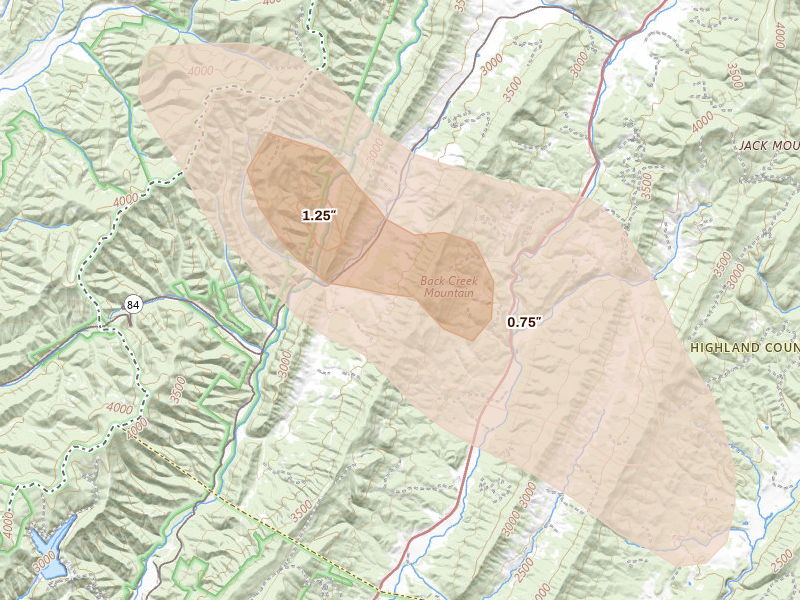 Radar-estimated hail-size map of the storm over Monterey, VA on Jul 28, 2026