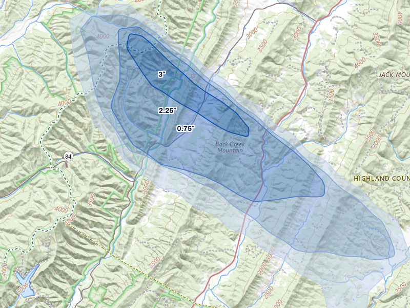 NEXRAD radar-signature map of the hail storm over Monterey, VA on Jul 28, 2026