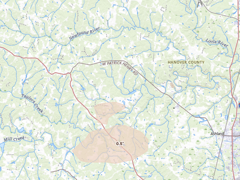 Radar-estimated hail-size map of the storm over Montpelier, VA on Jun 12, 2026