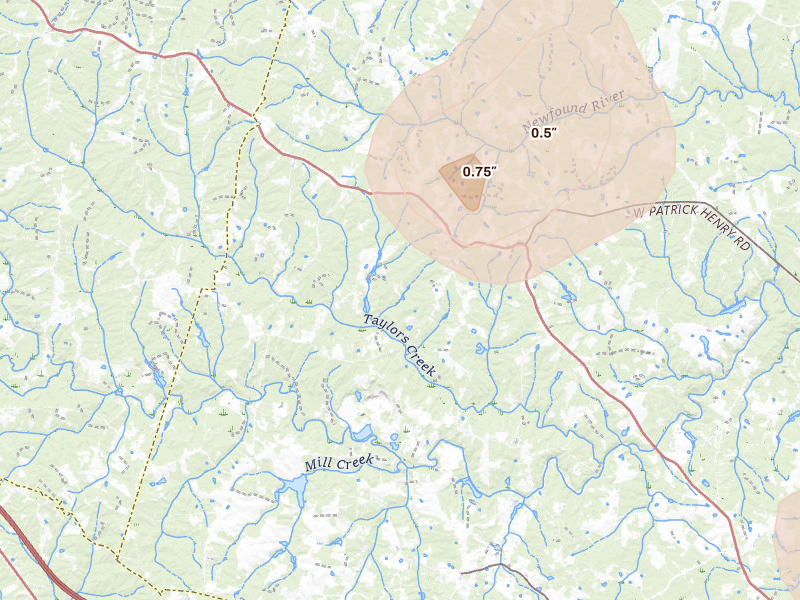 Radar-estimated hail-size map of the storm over Montpelier, VA on Jul 4, 2026