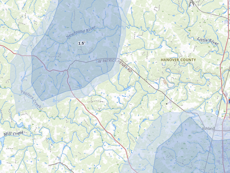 NEXRAD radar-signature map of the hail over Montpelier, VA
