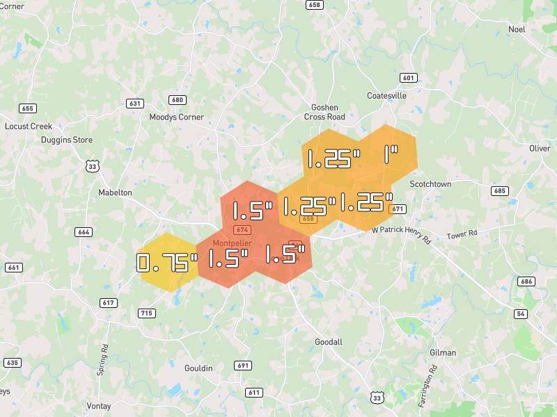 Hail map of Montpelier, VA on Jul 4, 2026, hail up to 1.5"