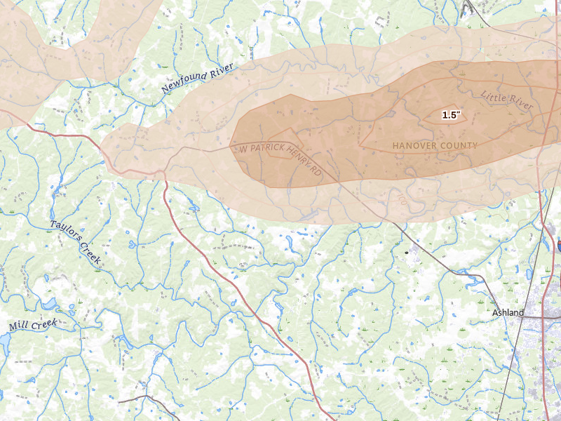 Radar-estimated hail-size map of the storm over Montpelier, VA on Jul 21, 2026