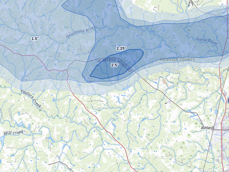 NEXRAD radar-signature map of the hail over Montpelier, VA