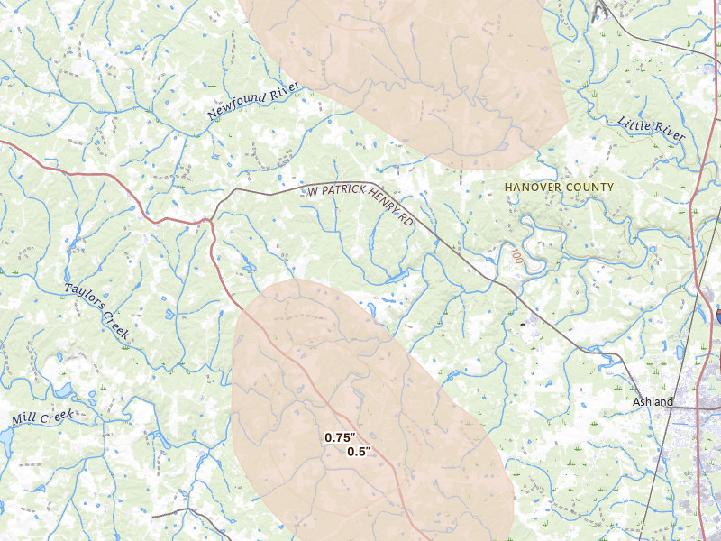 Radar-estimated hail-size map of the storm over Montpelier, VA