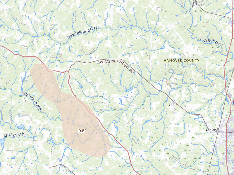 Radar-estimated hail-size map of the storm over Montpelier, VA on Jul 28, 2026