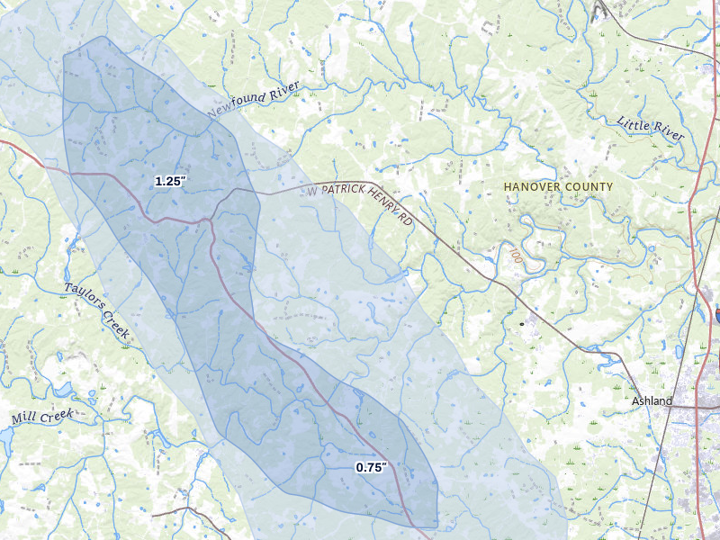 NEXRAD radar-signature map of the hail over Montpelier, VA