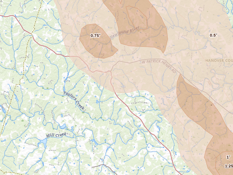 Radar-estimated hail-size map of the storm over Montpelier, VA