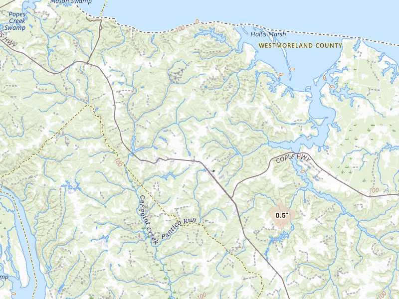 Radar-estimated hail-size map of the storm over Montross, VA on Jul 9, 2026
