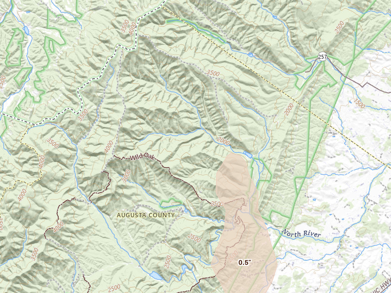 Radar-estimated hail-size map of the storm over Mount Solon, VA on Jul 6, 2026