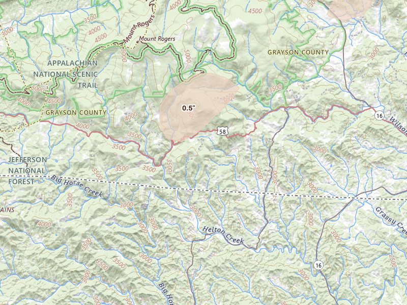 Radar-estimated hail-size map of the storm over Mouth Of Wilson, VA on Apr 1, 2026