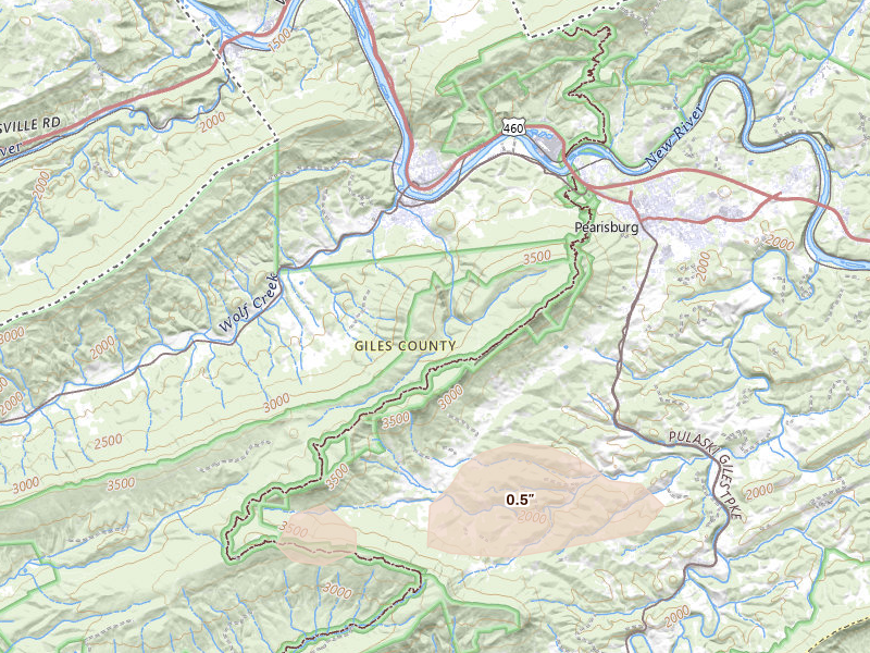 Radar-estimated hail-size map of the storm over Narrows, VA on Jun 12, 2026