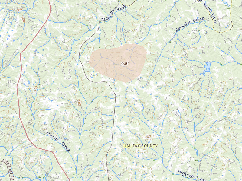 Radar-estimated hail-size map of the storm over Nathalie, VA on Aug 7, 2026