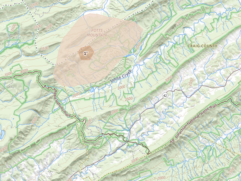 Radar-estimated hail-size map of the storm over New Castle, VA on Apr 1, 2026