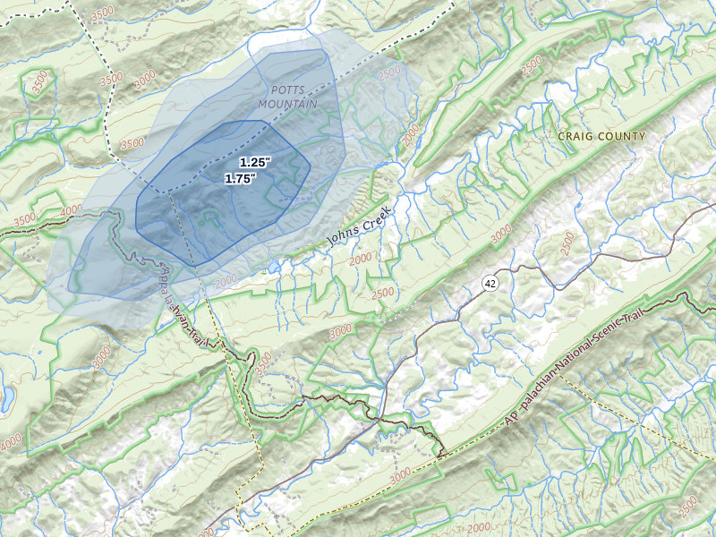 NEXRAD radar-signature map of the hail storm over New Castle, VA on Apr 1, 2026